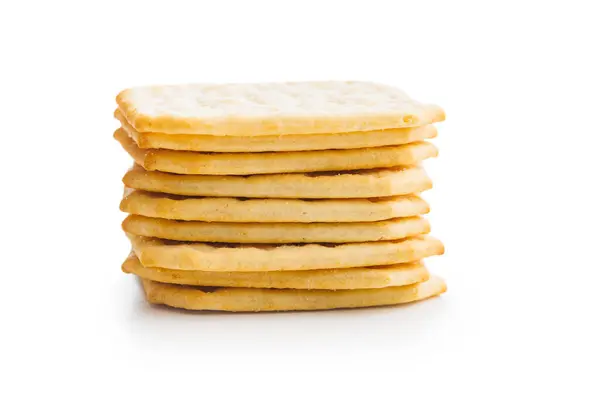 Mucchio Cracker Impilati Una Superficie Bianca Pianura Isolato Sfondo Bianco Immagine Stock