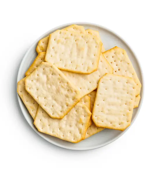 Crackers Piatto Argento Isolato Sfondo Bianco Immagini Stock Royalty Free