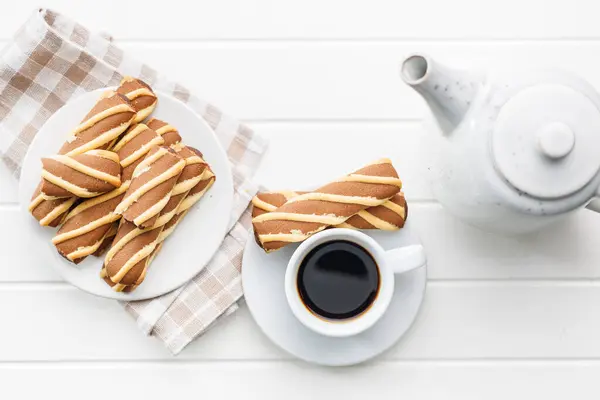 Classic Striped Cookies Coffee Cup White Table Top View — Stock Photo, Image
