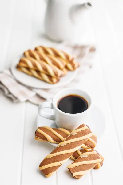 Classic Striped Cookies Coffee Cup White Table — Stock Photo, Image