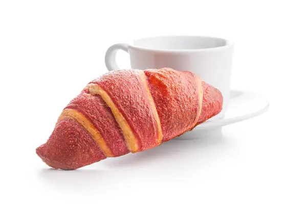 Färsk Fruktig Croissant Med Kopp Kaffe Vit Bakgrund — Stockfoto