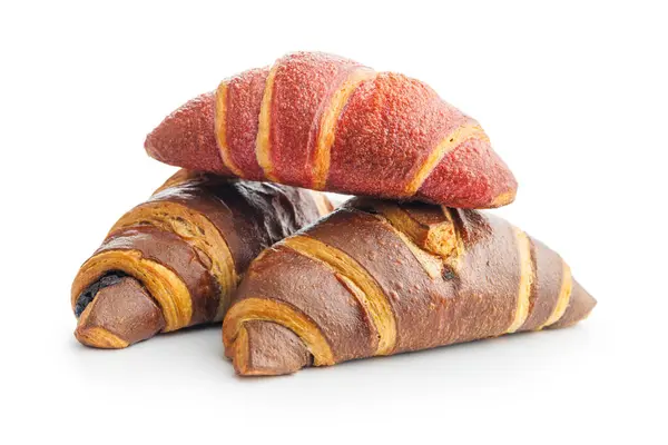 Nybakade Fruktiga Och Choklad Croissanter Isolerad Mot Vit Bakgrund — Stockfoto