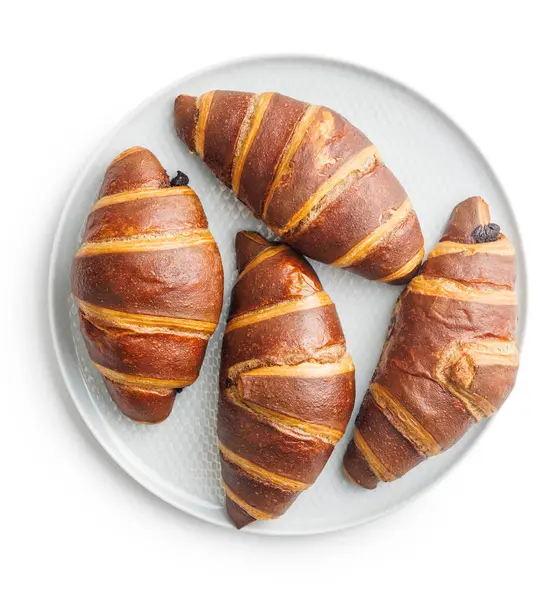 Frissen Sült Csokoládé Croissant Tányéron Izolált Ellen Fehér Háttér Stock Kép