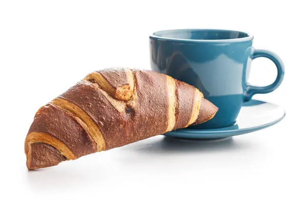 Croissant Chocolate Fresco Com Uma Xícara Café Fundo Branco Fotos De Bancos De Imagens