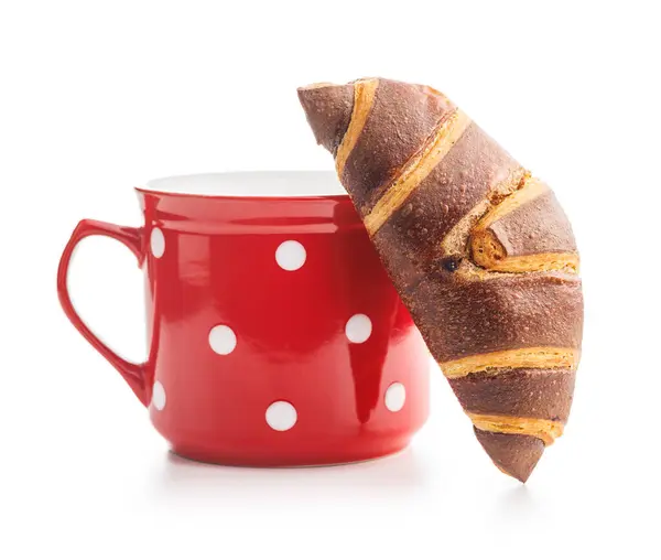 Färsk Choklad Croissant Med Kopp Kaffe Vit Bakgrund Stockbild