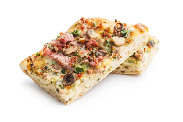 Saborosa Pizza Quadrada Italiana Isolada Fundo Branco — Fotografia de Stock