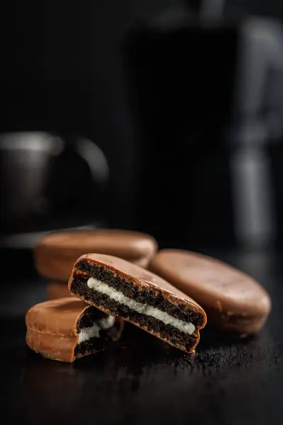 Close View Chocolate Coated Sandwich Cookies Dark Background — Stock Photo, Image
