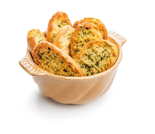Garlic Crisp Bread Slices Topped Herbs Bowl Isolated White Background Stock Picture