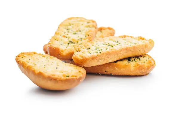 Knoflook Knapperig Brood Slices Topped Kruiden Geïsoleerd Een Witte Achtergrond Stockfoto