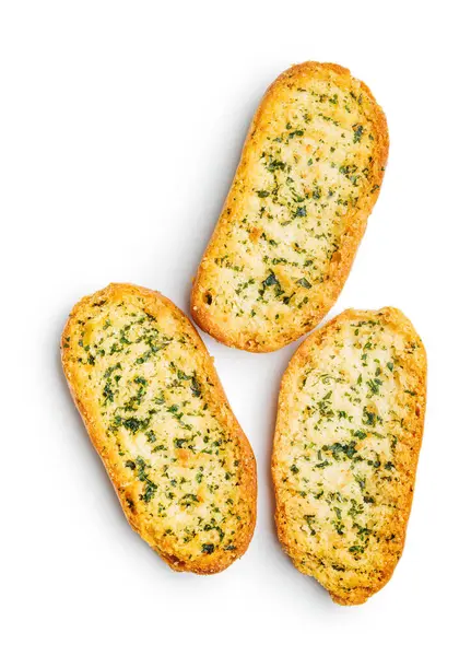 Knoflook Knapperig Brood Slices Topped Kruiden Geïsoleerd Een Witte Achtergrond Rechtenvrije Stockafbeeldingen