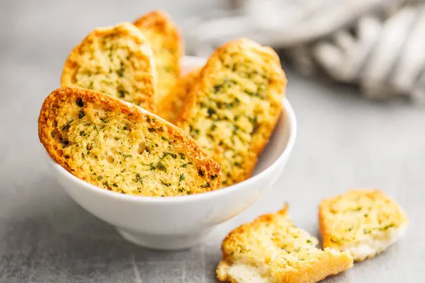 Garlic Crisp Bread Slices Topped Herbs Bowl Stock Picture