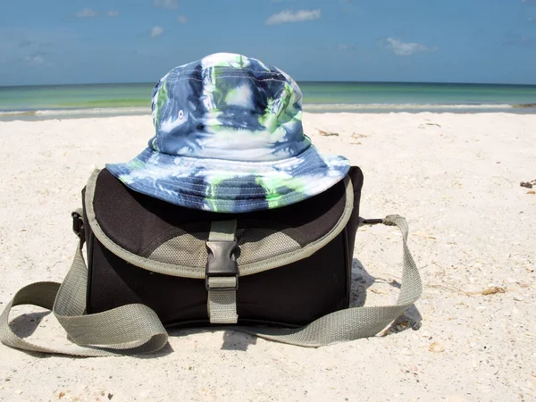 Colorful Bucket Camera Bag Resting White Sand Florida Gulf Coast — Stock Photo, Image