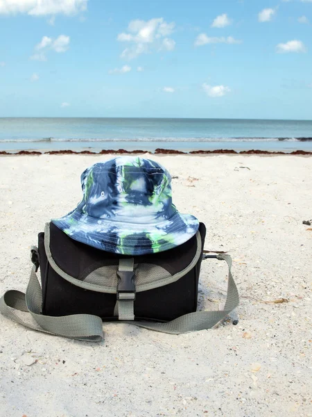 Colorful Bucket Camera Bag Resting White Sand Florida Gulf Coast — Stock Photo, Image