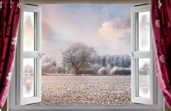 Looking Open Window Beautiful View Rural Winter Landscape Red Curtains — Foto Stock