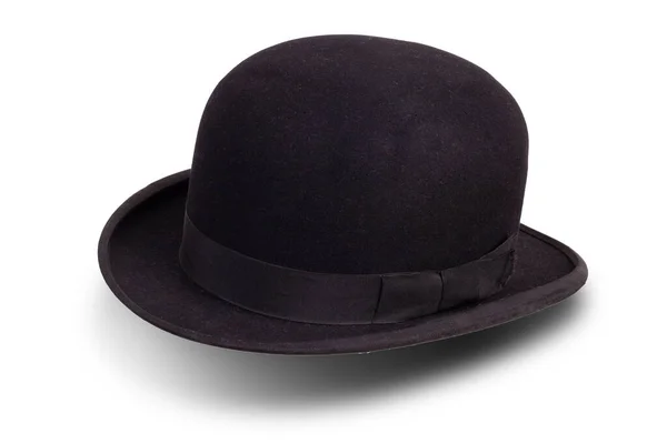 Black Bowler Hat Angled Shadow View Isolated White Background — Stockfoto