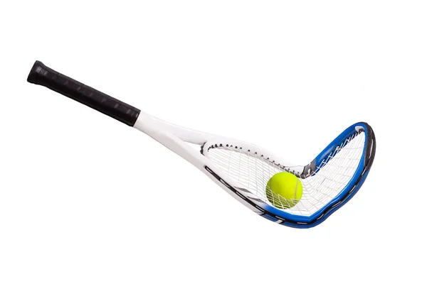 Broken Tennis Racquet Tennis Ball Going Strings Black Background — Stock Photo, Image