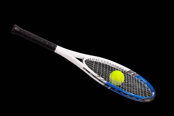 Racchetta Tennis Con Pallina Tennis Che Attraversa Punture Isolata Fondo — Foto Stock