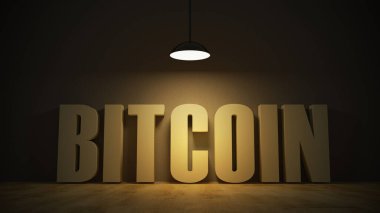 Bitcoin letters before the wall background in the lighted studio. 3D render illustration.