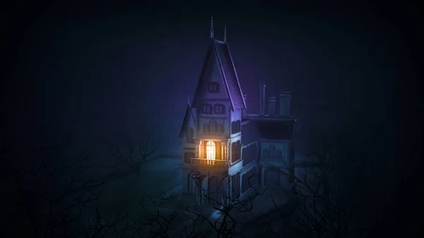 Small Creepy Castle One Shining Window Dark Environment Render Illustration Foto Stock Royalty Free