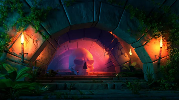 Mysterious Gate Shining Cave Skull Fantasy World Render Illustration 免版税图库图片