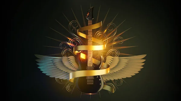 天使の翼とハードロックメタル音楽のシンボルとしてゴールドリボンとブラック光沢のあるエレキギター 3Dレンダリング図 — ストック写真