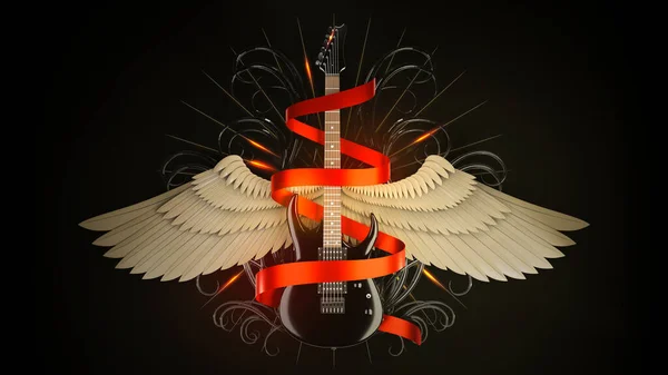 天使の翼とハードロックメタル音楽のシンボルとして赤いリボンとブラック光沢のあるエレキギター 3Dレンダリング図 — ストック写真