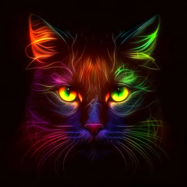 黒を背景に明るく輝くネオンが輝く現代的で抽象的な猫の頭のイラストは 活気に満ちた精力的な効果を生み出します — ストック写真