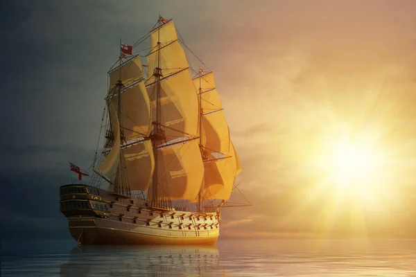 木製の帆船は 曇った空の下で穏やかな水の上のオープン海でH レオパードガレオン船のように見えます 船は暗い側から地平線の輝く太陽に帆を上げます 3Dレンダリング図 ロイヤリティフリーのストック画像