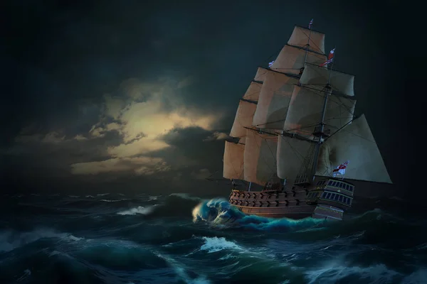 数字艺术品描绘了一艘类似于 猎豹号 Leopard 的帆船在汹涌的大海中与巨浪 强风和漆黑的天空作战 柔和的橙色灯光给现场增添了一丝希望 那艘船很详细 展示了每一个帆和绳索 — 图库照片