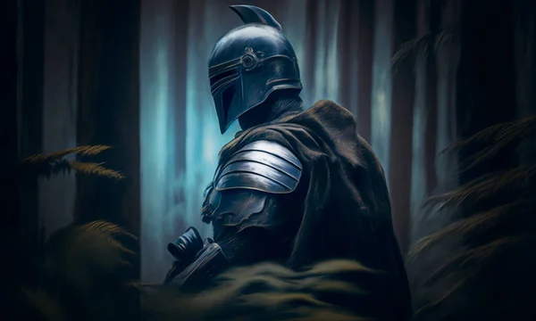 一个身穿盔甲的中世纪骑士站在一个闷热的 雾蒙蒙的 蓝光的森林里的数字图像 幻想场景 图库照片