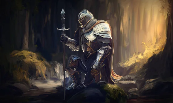 在宁静的自然环境中 装甲骑士跪在一条温和的溪流的中心 体现出力量和宁静 免版税图库图片
