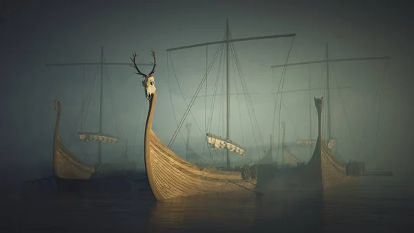 许多维京船只在平静的水面上被浓密而神秘的雾所覆盖 柔和的阳光轻柔地照亮了整个场景 营造出一种怪异而宁静的氛围 图库照片