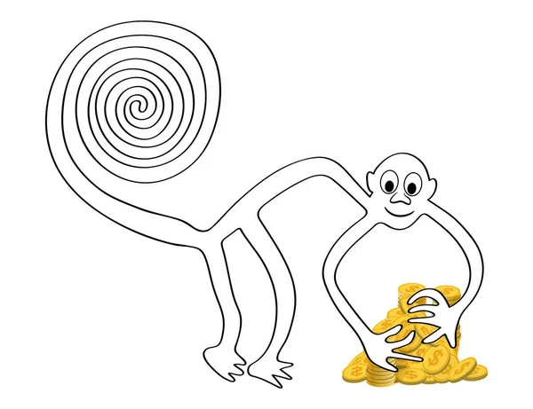 Scimmia Con Mucchio Monete Oro Una Parafrasi Del Famoso Geoglifo — Vettoriale Stock