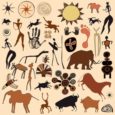 Mağara resimleri ve ilkel sanat tarzında çeşitli figürler, hayvanlar ve semboller.