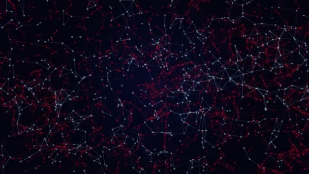 Moviéndose Pequeñas Partículas Conectadas Rojas Azules Estructura Compleja Fondo Animado — Vídeos de Stock