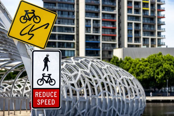 Melbourne Webb Bridge Yarra River Instructions Cyclists Reduce Speed Aware — Stock Photo, Image