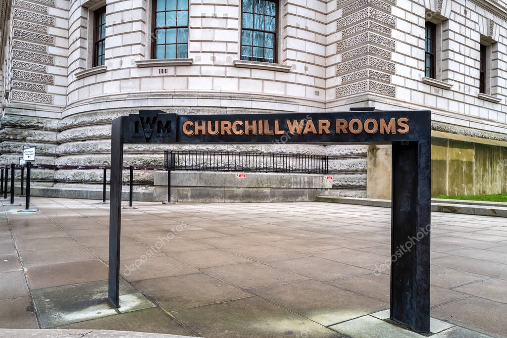 London, UK - 4 January 2023: The sign and entrance to the Churchill War Rooms, part of the Imperial War Museum in London. This top secret underground location was headquarters to the Cabinet in WW2.