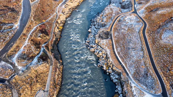 Быстрый Поток Реки Скальфандафльот Вниз Течению Водопада Годафосс Вид Высоты — стоковое фото