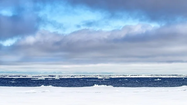 斯瓦尔巴附近的北冰洋 有许多冰山朝向地平线 夏天的蓝天布满了云彩 极地冰帽的全景 — 图库照片