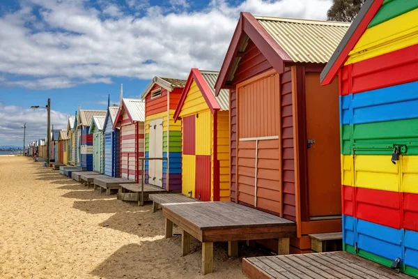 Brighton Beach Victorian Bathing Boxes Brightly Painted Colourful Beach Huts — Stock Photo, Image