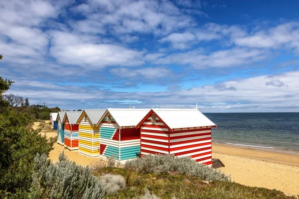 Brighton Beach Victorian Bathing Boxes Brightly Painted Colourful Beach Huts — Stock Photo, Image