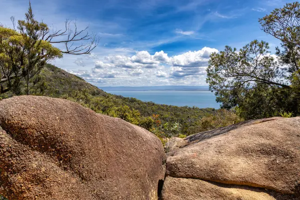 stock image The red boulders and eucalyptus forest of Freycinet National Park, looking towards Wine Glass bay. Summer in Tasmania, Australia.