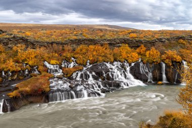 Hraunfossar or Lava Falls, Snaefellsnes peninsula, Iceland. This fairytale location sees multiple waterfalls cascading through volcanic rock. The autumn colours of yellow and red add to the magic. clipart