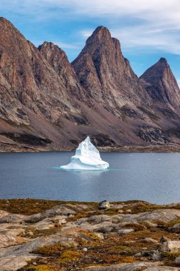 Clear fjord waters and the mountains of the Bjorneoer Islands, or Bear Islands, situated in Scorseby Sund, Greenland. Beautiful summer landscape with rugged peaks and tundra. clipart