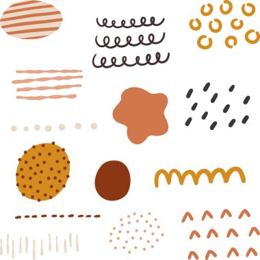 Bir dizi soyut el çizimi şekilleri. Vektör desenli dekorasyon elementleri. El çizimi karalama şekilleri. Moda soyut sanat.