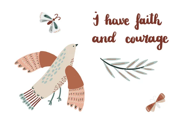 Tarjeta Confirmación Pájaro Imperfecto Dibujado Mano Mariposas Afirmación Escrita Mano — Archivo Imágenes Vectoriales