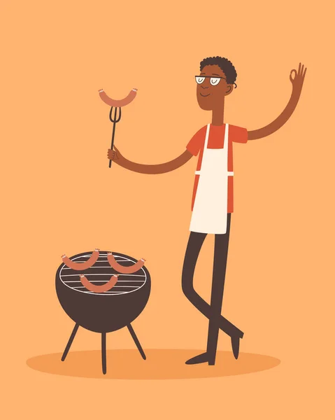 Modèle Invitation Fête Barbecue Style Dessin Animé Rétro Heureux Homme — Image vectorielle