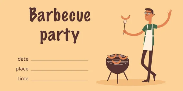 Barbecue Party Einladung Design Vorlage Retro Cartoon Stil Glücklicher Mann — Stockvektor