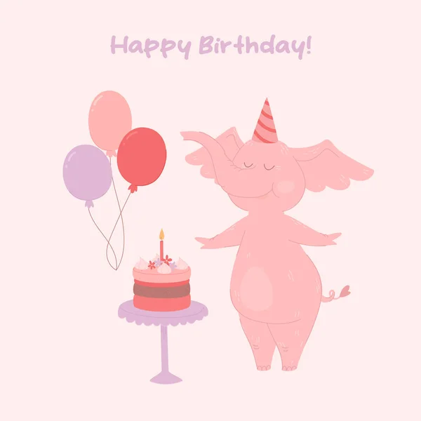 生日卡片模板 可爱而快乐的大象紧靠着生日蛋糕和气球 生日快乐的短信 矢量说明 — 图库矢量图片