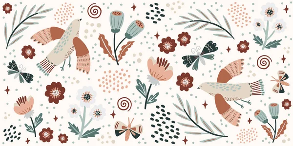 Uccelli Imperfetti Disegnati Mano Fiori Farfalle Modello Orizzontale Banner Floreale — Vettoriale Stock